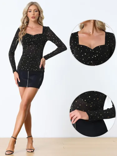 Miniatura 2 de Allegra K Top de malla transparente con estrella para mujer, con cuello corazón, transparente, para fiesta, con purpurina