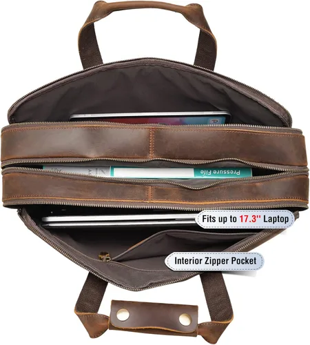 Miniatura 6 de Maletín grande de cuero para hombres de 18 pulgadas de grano completo para laptop, bolsa de mensajero para portátil de 17.3 pulgadas, marrón oscuro