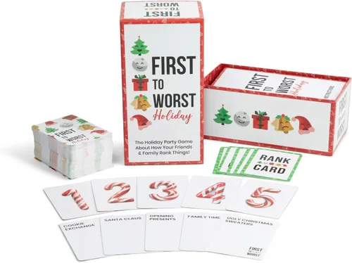 Miniatura 4 de FIRST TO WORST Juego de Fiesta Edición Navideña - Un Juego de Cartas Festivo Sobre Cómo Tus Amigos y Familia Clasifican las Cosas - Perfecto