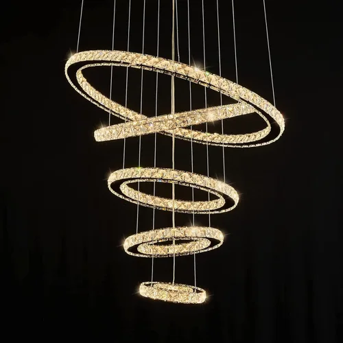 Miniatura 11 de Siljoy Moderna lámpara de araña de cristal, 6 anillos, lámpara de techo LED con 3 colores, lámpara de techo alto para sala de estar, comedor
