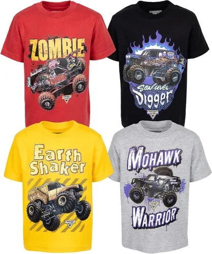 Monster Jam El Toro Loco Zombie Maximum Destruction - Paquete de 4 camisetas gráficas para niños pequeños a grandes, Carbón, azul marino