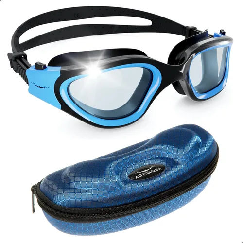 AqtivAqua DX - Gafas de natación con visión amplia para adultos, hombres y mujeres, antiempañamiento y sin fugas Gafas azules + funda azul