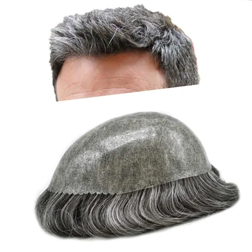 Miniatura 38 de Sistema de cabello humano tipo tupé para hombre, tupé gris, piezas de cabello completo de poliéster para hombres, tupé de inyección de poliuretano