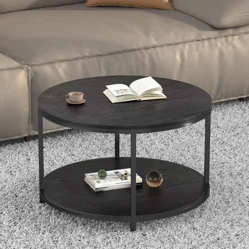 Miniatura 8 de NSdirect Mesa auxiliar redonda de 32 pulgadas para sala de estar, mesa central de madera maciza de 2 niveles para decoración del hogar con estante
