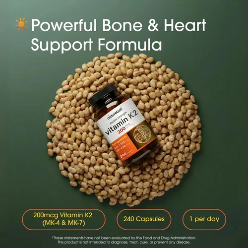 Miniatura 2 de NatureBell Suplemento de Vitamina K2 de Espectro Completo con MK-7 y MK-4, 200 mcg, 240 cápsulas Fórmula 2 en 1, complejo de vitaminas K – Apoya