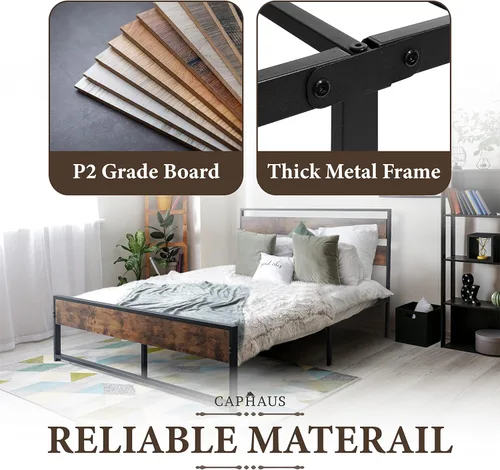 Miniatura 4 de CAPHAUS Base de cama de metal con cabecera y estribo de madera, plataforma de metal con marco de acero de primera calidad, base de colchón, sin