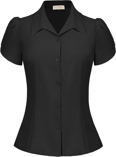 Belle Poque Blusa de verano de manga corta con botones para mujer, cuello en V, estilo vintage, casual, para negocios