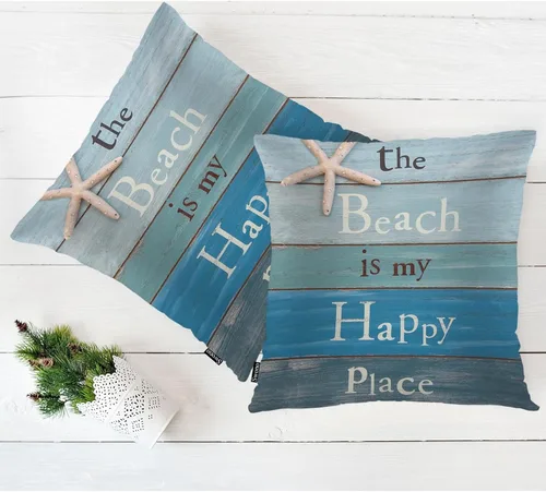 Miniatura 5 de Swono - Juego de 2 fundas de almohada decorativas cuadradas de 18 x 18 pulgadas, playa, la playa es mi lugar feliz, cita de madera, funda de cojín