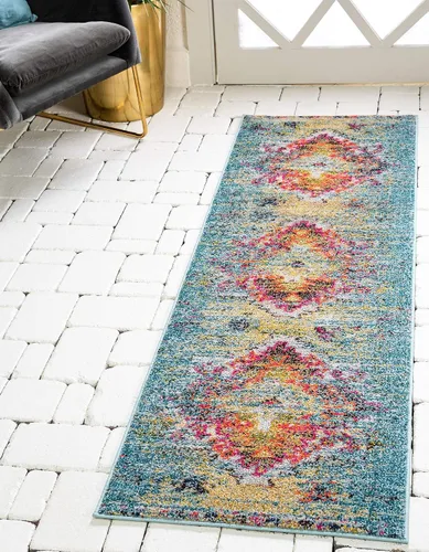 Unique Loom Vita Collection - Alfombra vintage tribal sudoccidental sobreteñida (2 pies x 6 pies 7 pulgadas, para pasillo, turquesa/amarillo)