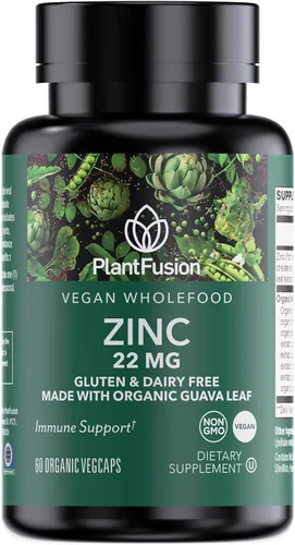 PlantFusion Suplementos veganos de zinc de 22 mg – Complejo de alimentos integrales, citrato de zinc quelado de hoja de guayaba orgánica para apoyo