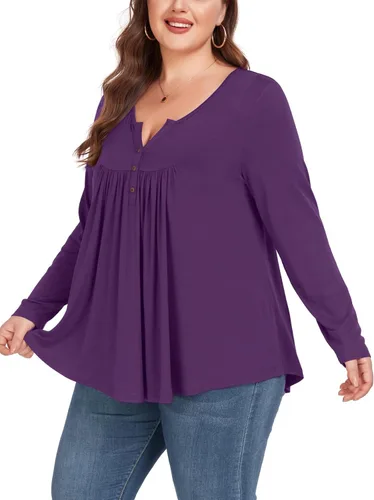 Miniatura 3 de Camiseta básica para mujer, talla grande, cuello Henley, con botones, ajuste holgado, estilo casual