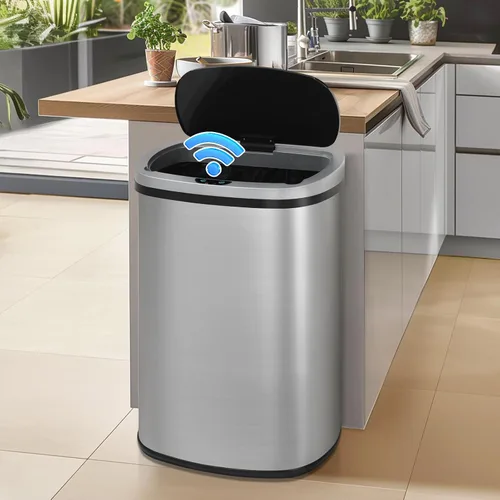 Dkeli Cubo de basura automático de 13 galones con sensor de movimiento sin tacto, basurero de cocina de acero inoxidable con tapa, basurero de alta