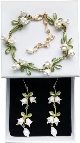 Miniatura 7 de Juego de aretes colgantes hechos a mano, pulseras para mujer, aretes de onda torcida en tono plateado, aretes vintage de perlas cultivadas de lirio