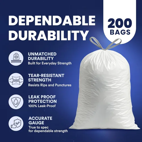 Miniatura 4 de Plasticplace Bolsas de basura de 4 galones con cordón blancas, 200 unidades (Paquete de 1) – Forros de basura a prueba de fugas de 0.7 mil