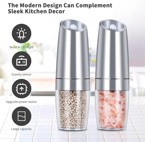 Miniatura 3 de EasyCom Gravity - Molinillo de sal y pimienta, funciona con pilas con luz LED, grosor ajustable, molinillo de pimienta automático con una mano