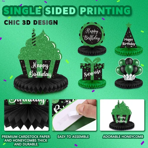 Miniatura 4 de Yexiya 8 piezas de centro de mesa de cumpleaños negro y verde, centros de mesa de panal de abeja de feliz cumpleaños, centros de mesa de panal