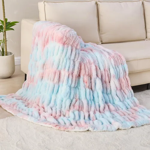 Miniatura 7 de Softan Manta de piel sintética extra suave, cálida manta de piel sintética a rayas con reverso de franela para sofá, cama, sala de estar, beige, 60