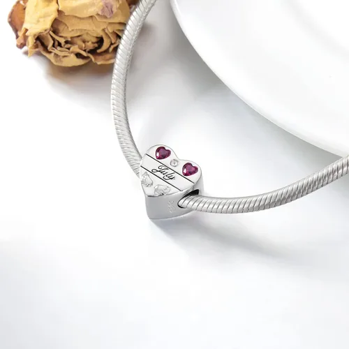 Miniatura 4 de LONAGO Abalorio personalizado de plata de ley 925 con forma de corazón y piedra natal personalizada, pulsera de ajuste de piedras preciosas
