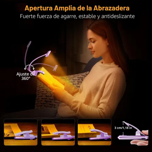 Miniatura 7 de Gritin Luz de Lectura LED Recargable de 19 LED para Leer en la Cama con Función de Memoria - Cuidado de los Ojos 3 Temperaturas de Color, Atenuación
