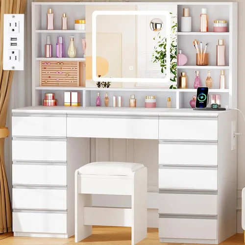 Miniatura 10 de ANWBROAD Escritorio de tocador con espejo deslizante y luces, juego de tocador grande de maquillaje con almacenamiento de joyas, 11 cajones, 6