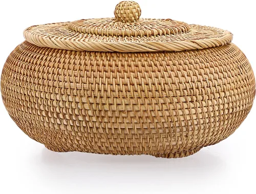 Miniatura 11 de Hipiwe Cajas de Cestas Redondas de Ratán con Tapa Tejidas a Mano, Cestas de Almacenamiento de Mimbre, Contenedor, Cesta Decorativa Multiusos