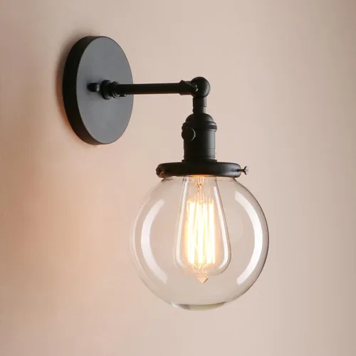 Miniatura 11 de Pathson Aplique de pared industrial con cable con vidrio de globo transparente, interruptor de encendido y apagado, lámpara de pared vintage