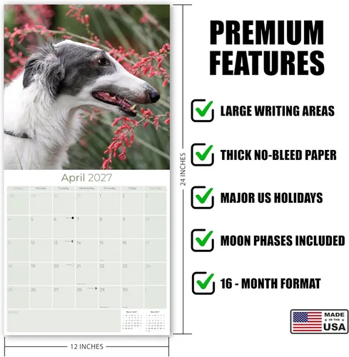 Miniatura 5 de Calendario Borzoi 2025 2026 – Calendario mensual de pared de raza de perro – 12 x 24 pulgadas abierto – Papel grueso que no se corre – Regalar