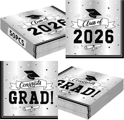 Miniatura 10 de Paquete de 50 servilletas de graduación para la clase de 2026, 6.5 x 6.5 pulgadas, servilletas de graduación rojas, pañuelos de papel clásicos