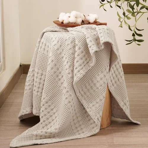 Miniatura 4 de PHF - Manta tejida de punto gofre 100% algodón, suave, ligera, transpirable, acogedora, de verano, para sofá y cama, tejida, estética, decoración 01