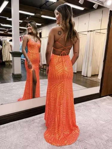 Miniatura 2 de TIRAS Vestidos de fiesta de lentejuelas de sirena 2024 cuello en V brillante correa de espagueti formal vestido de fiesta de noche con abertura CM251