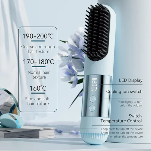 Miniatura 3 de Cepillo alisador de cabello recargable inalámbrico para viajes, mini peine alisador portátil con 3 ajustes de calor, calor rápido de 30 segundos