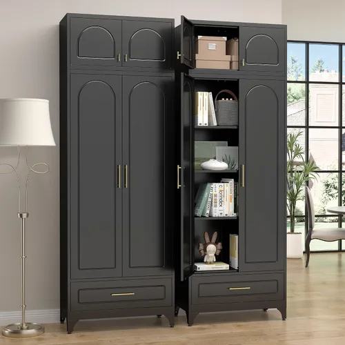 Miniatura 16 de SteeLoong - Gabinete de almacenamiento de metal con cajones, gabinetes de despensa negros de 75 pulgadas para almacenamiento de cocina con 3