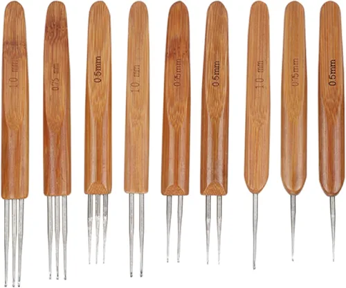 Miniatura 3 de Herramienta de gancho de ganchillo para rastas, 9 unids/set individual doble de tres ganchos, mango de bambú, gancho de ganchillo, aguja trenzada