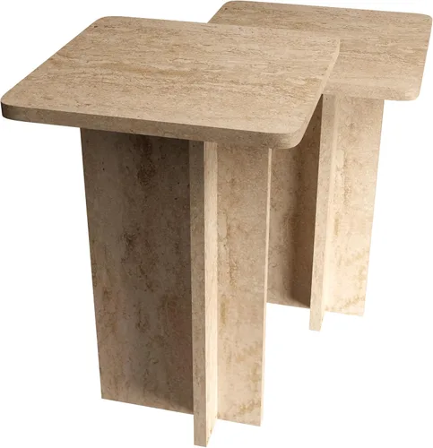 Miniatura 3 de Travertine Efect - Juego de 2 mesas auxiliares modernas, mesa auxiliar pequeña para sala de estar