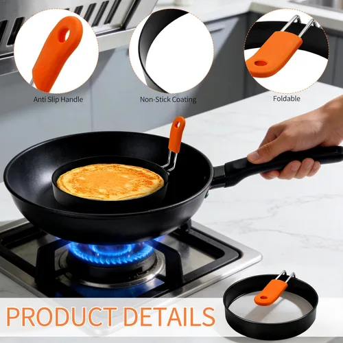 Miniatura 3 de Juego de 4 anillos profesionales para huevos, moldeadores de panqueques de plancha de acero inoxidable, moldes redondos para huevos fritos con mango
