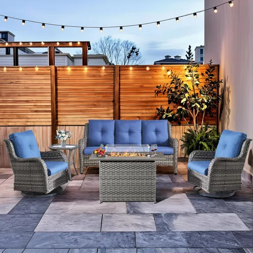 Miniatura 80 de HUMMUH Sillas Mecedoras Giratorias de Mimbre para Patio Exterior con Respaldo Alto, Sillas Deslizantes de Ratán PE, Juego de Muebles de Patio de 4
