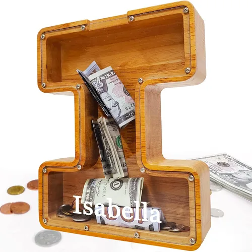 Miniatura 31 de Alcancía para niños y niñas, alcancía grande de madera personalizada con diseño recortado, bancos de monedas con letras del alfabeto, caja de ahorro