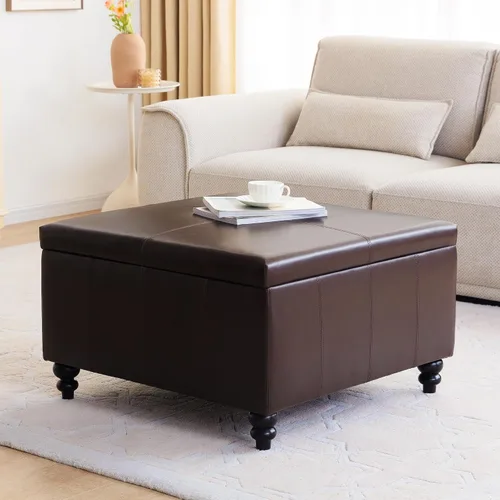 Miniatura 8 de HUIMO Otomana cuadrada de cuero para almacenamiento, mesa de centro otomana con almacenamiento para sala de estar (marrón)