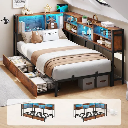 Miniatura 10 de DICTAC Marco de cama esquinero tamaño individual con almacenamiento y luces LED, plataforma de metal con 2 cajones y estación de carga, cama