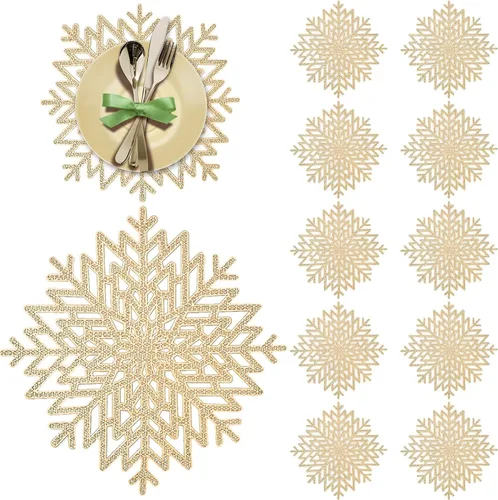 Juegos de manteles individuales de copo de nieve de 12, manteles de mesa dorados calados resistentes al calor para Navidad, Acción de Gracias, bodas