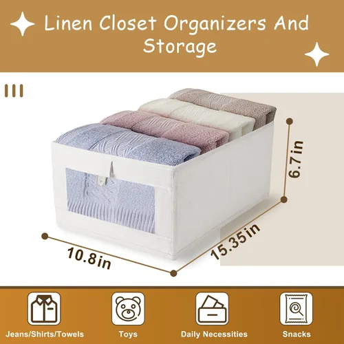 Miniatura 3 de Paquete de 3 cestas organizadoras de almacenamiento de lino - cestas de almacenamiento para armario de tela plegables con ventana transparente