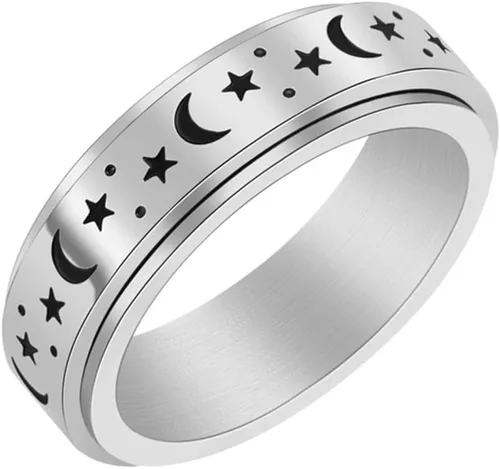 Caiyao Anillo giratorio de acero inoxidable para mujeres y hombres, anillo giratorio con patrón de pentagrama y luna, antiestrés, alivio de la