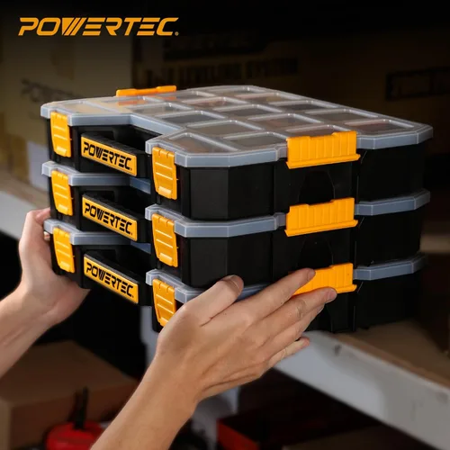 Miniatura 7 de POWERTEC Caja organizadora de herramientas apilable con separadores extraíbles, 17 compartimentos, entrelazado, diseño portátil, paquete de 2 Caja