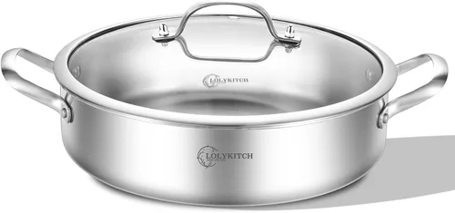 LOLYKITCH Sartén Salteadora de Acero Inoxidable Tri-Capa de 7 Cuartos con Tapa, Sartén para Freír Profunda de 12 Pulgadas, Sartén Grande, Cocinero