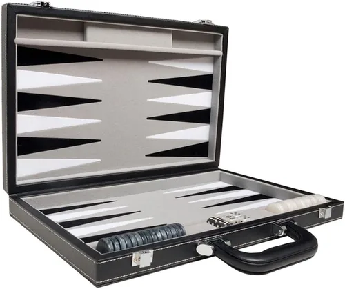Miniatura 4 de Juego de backgammon de viaje, cuero sintético, campo de juego de terciopelo, 15 pulgadas, negro/gris