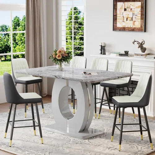 Miniatura 23 de Juego de mesa de comedor de mármol de 63 pulgadas para 6, moderno juego de mesa de comedor de altura de mostrador, mesa alta gris con taburetes