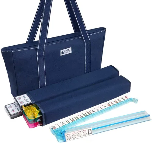 Juego de Mahjong americano - 166 azulejos blancos premium, 4 estantes/empujadores todo en uno, bolsa de lona azul