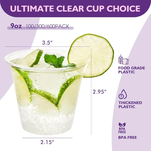 Miniatura 2 de Vasos de plástico transparente de 9 onzas [100 unidades] - Vasos desechables de plástico para beber, vasos de fiesta de PET libres de BPA para café