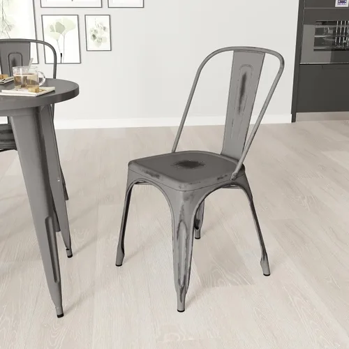 Miniatura 10 de Merrick Lane Banks - Silla apilable de comedor, marco de metal azul antiguo, acabado con recubrimiento en polvo envejecido, respaldo de listones