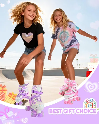 Miniatura 8 de SULIFEEL - Patines ajustables de estilo tie-dye arcoíris para niñas y niños de 3 a 5 años, 5 a 8 años, 6 a 12 años, rosa y morado, con luces
